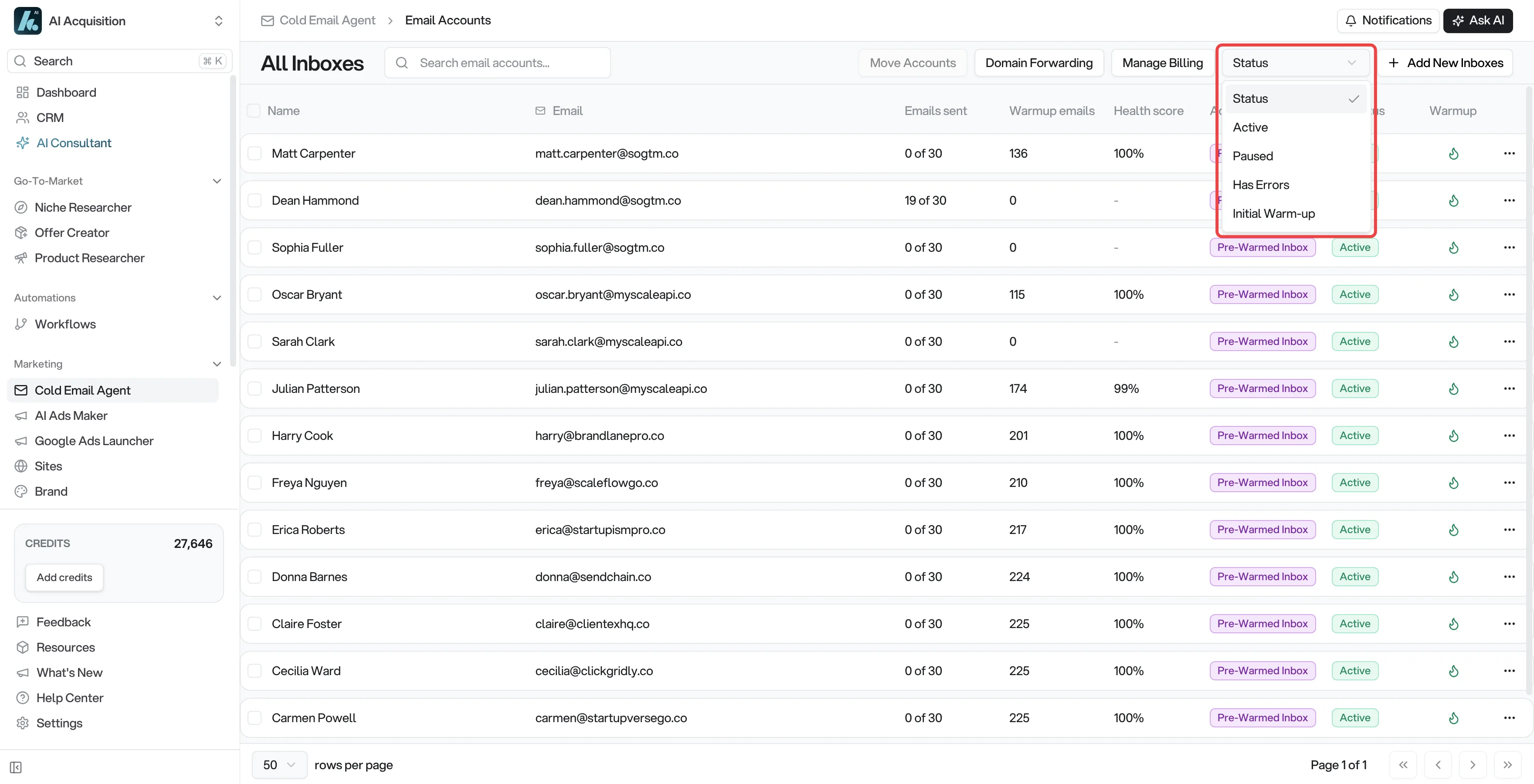 The Status filter open above the Email Accounts table, showing the Active, Paused, Has Errors, and Initial Warm-up options
