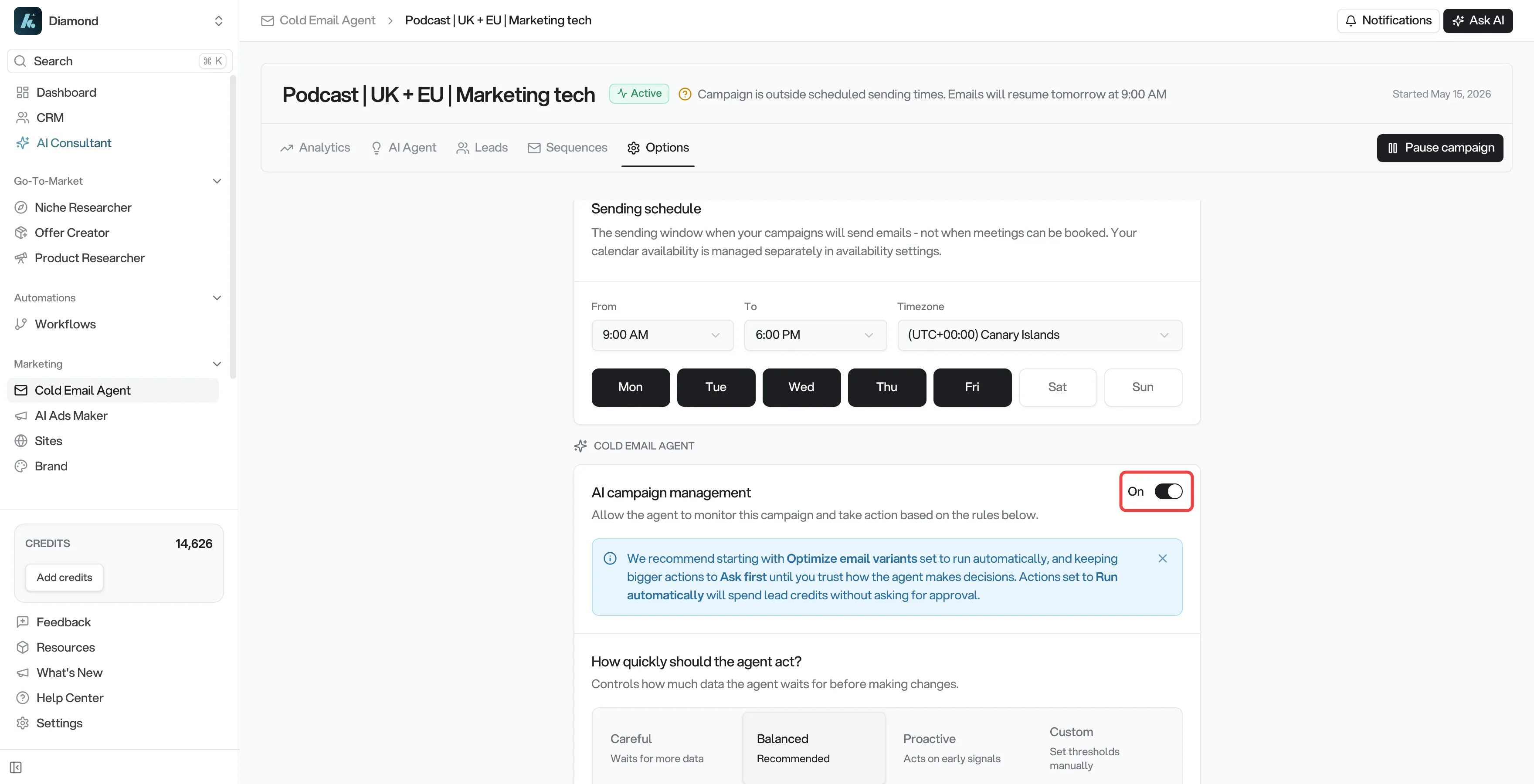 The AI campaign management toggle in the Cold Email Agent section of the Options tab