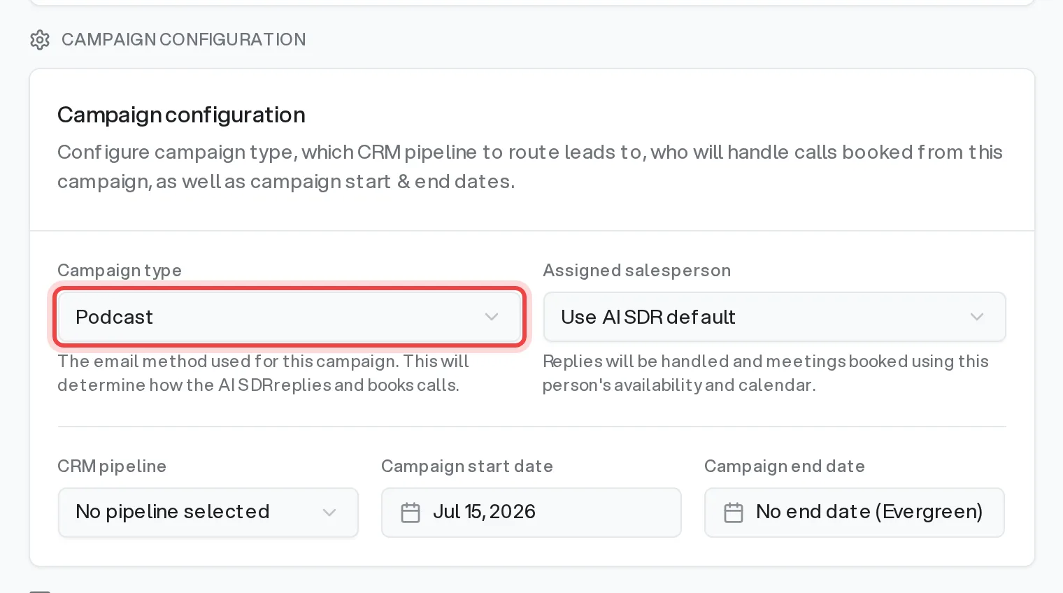 Campaign type dropdown in the Campaign configuration section