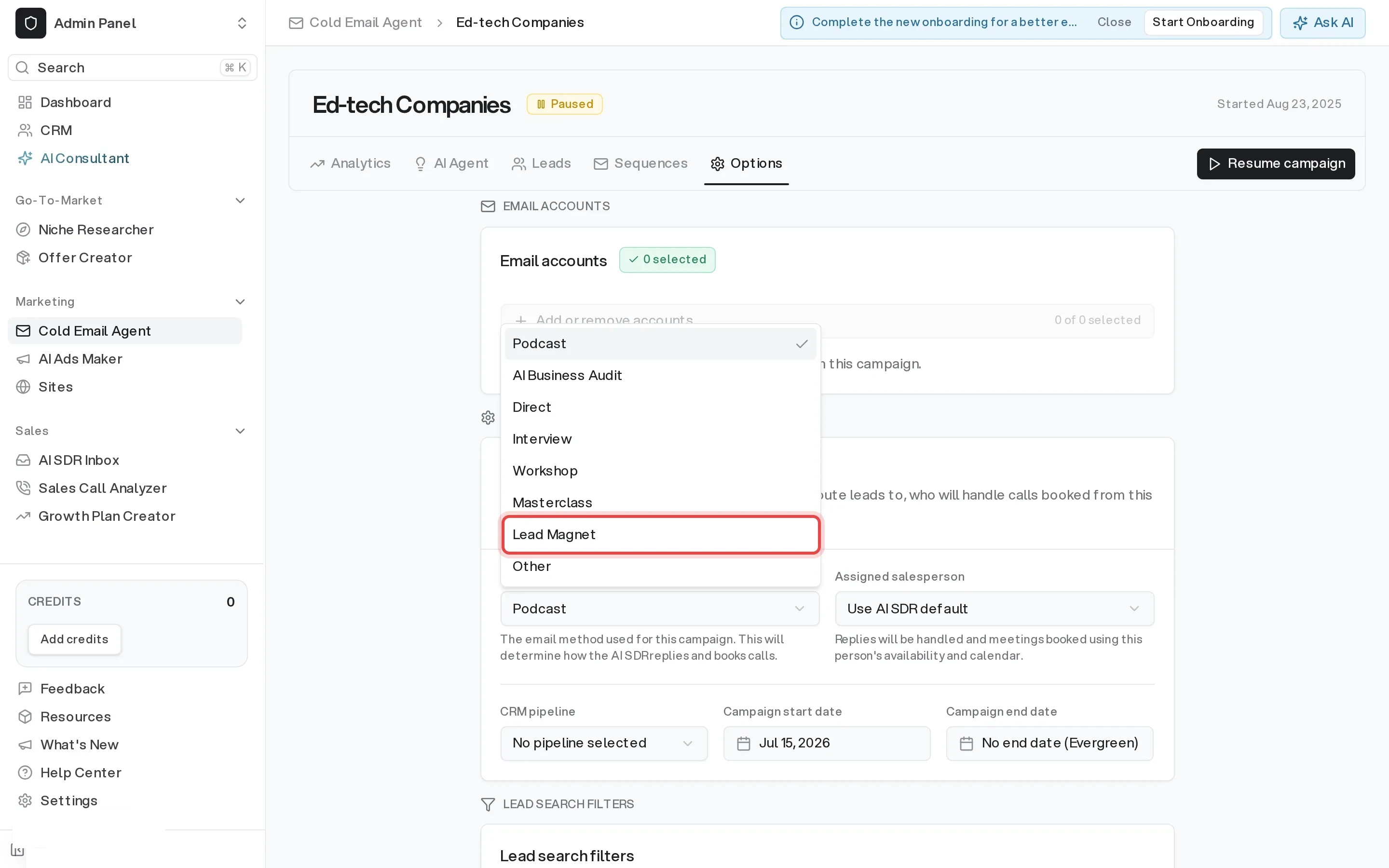 Lead Magnet option in the Campaign type dropdown