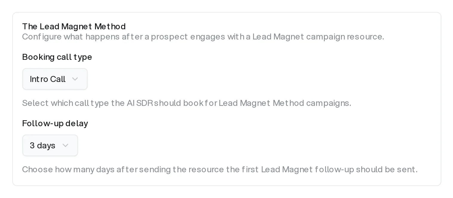 The Lead Magnet Method section in AI SDR Agent settings