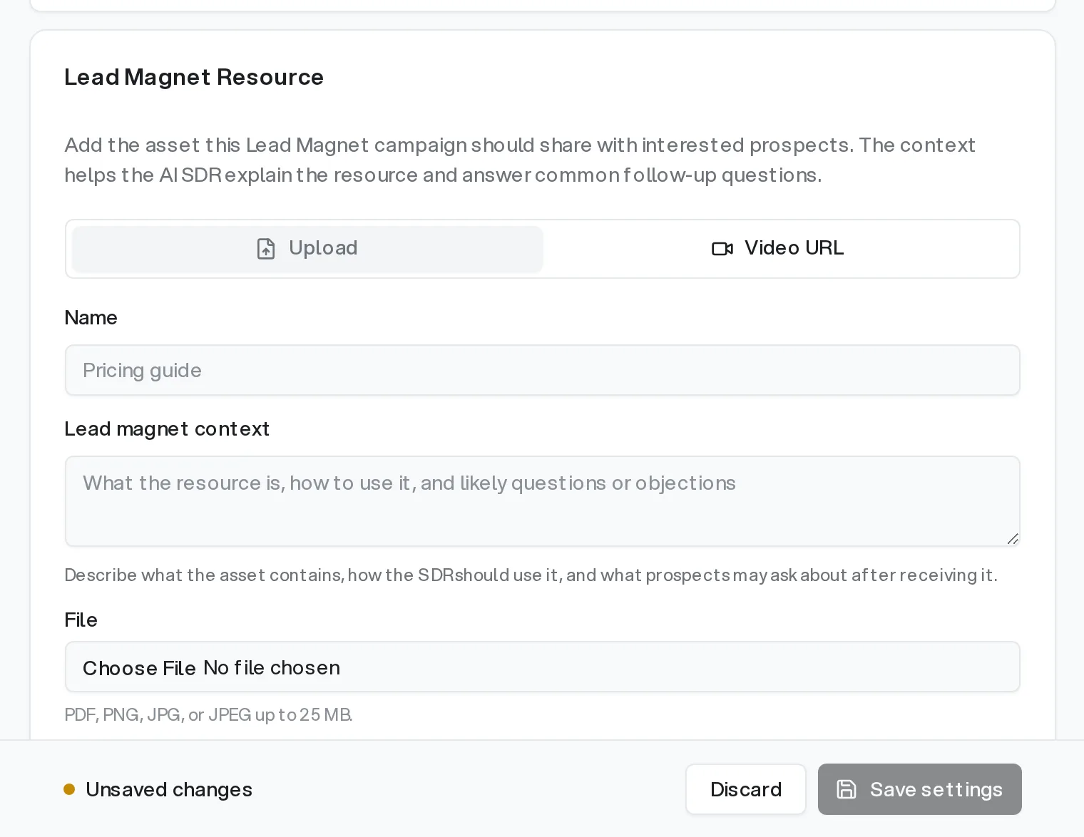 Lead Magnet Resource card with Upload and Video URL options