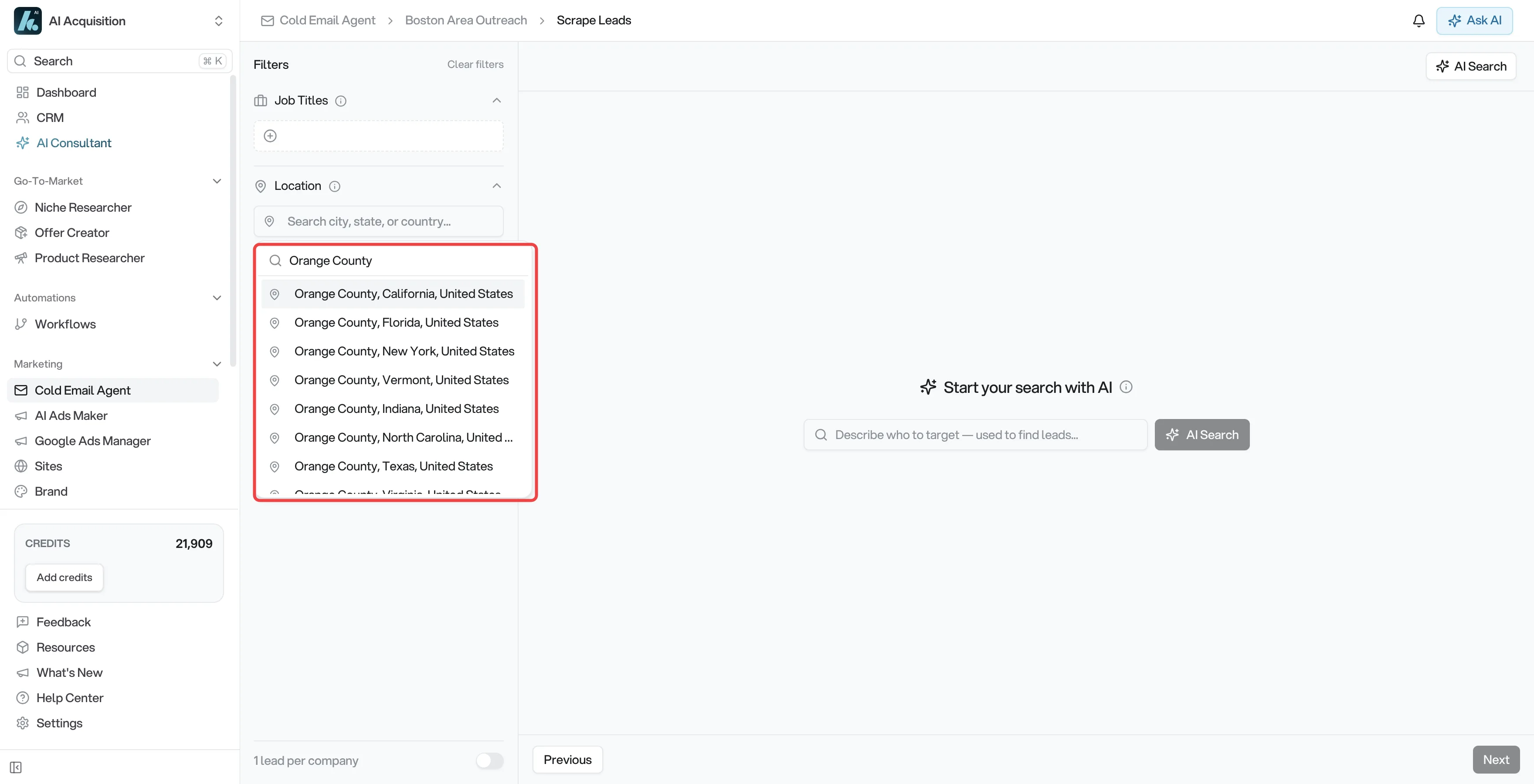 County-style suggestions in the Location filter search