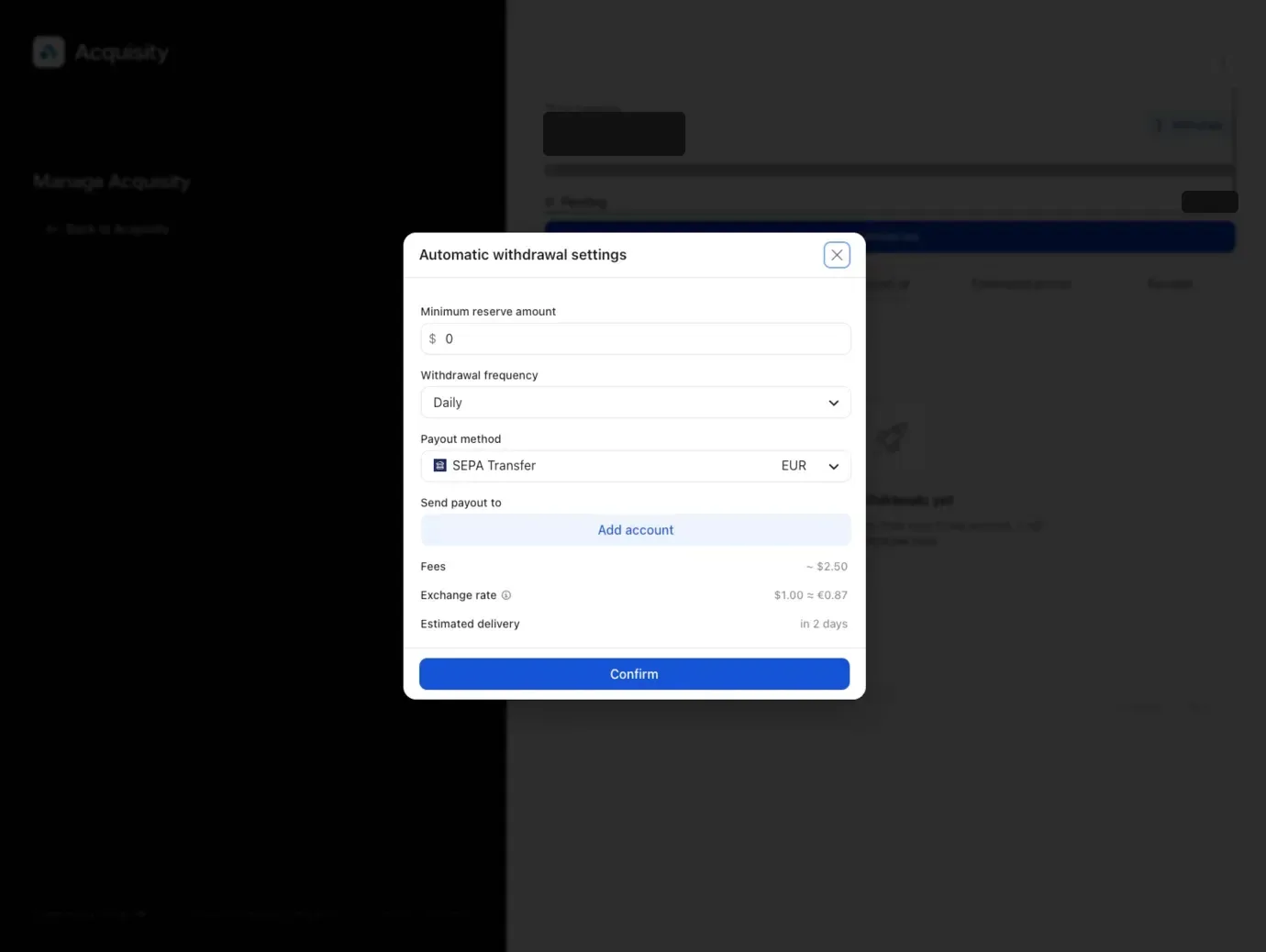 Automatic withdrawal settings with the Add account button to set up a payout method