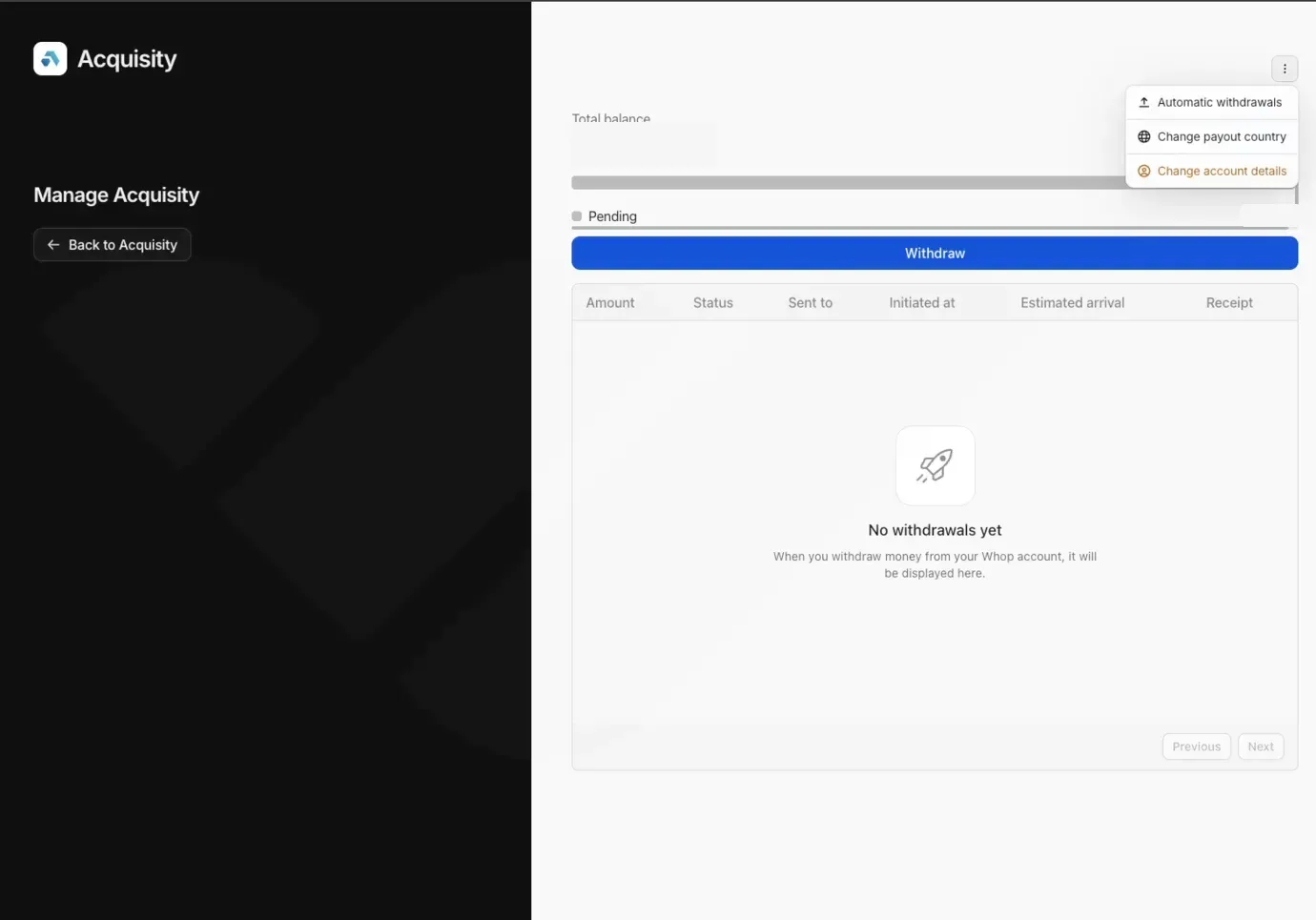 Automatic Withdrawals option in the top-right menu of the Whop wallet