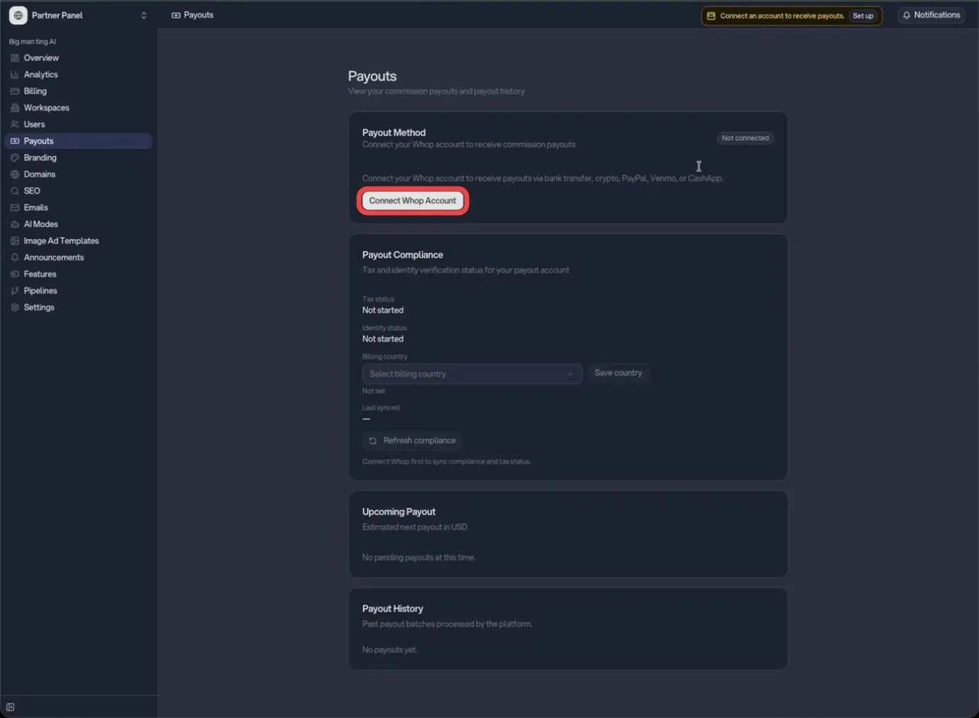 Connect Whop Account button on the Payouts page
