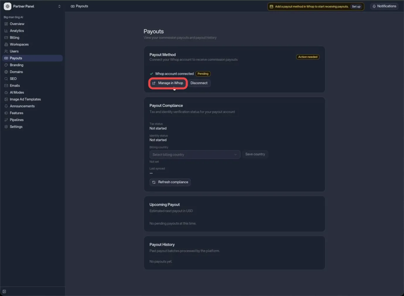 Manage in Whop button after connecting a Whop account