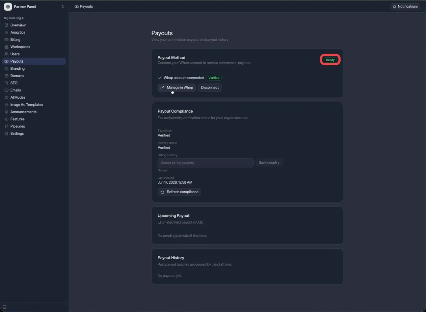 Payouts page showing Ready status with verified tax and identity
