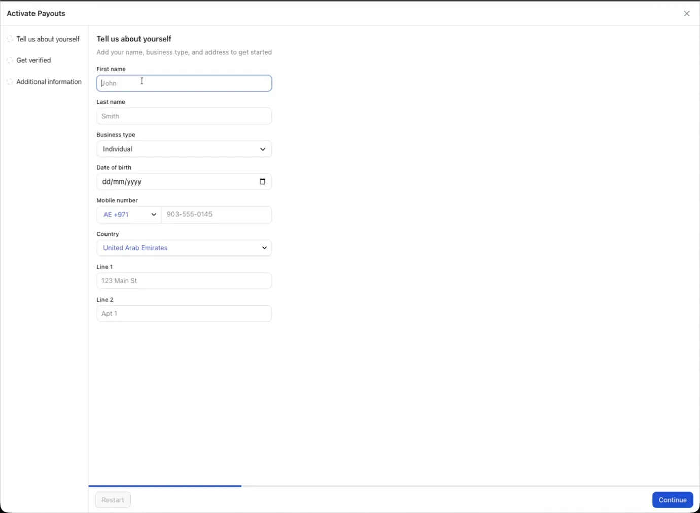 Whop payout activation form asking for personal and business details