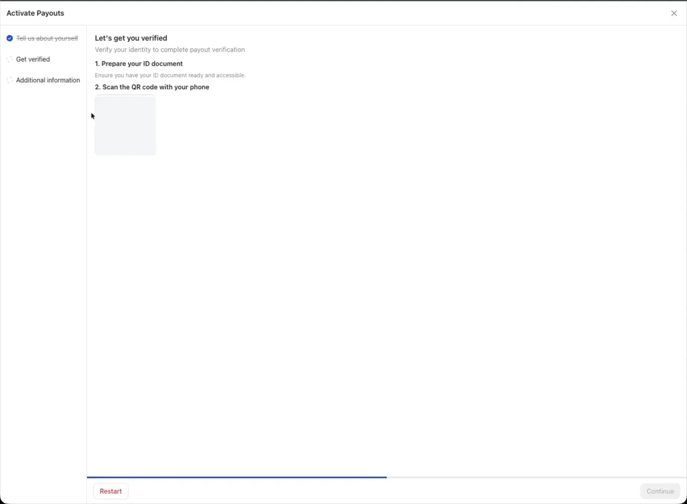Whop identity verification step with a QR code to scan
