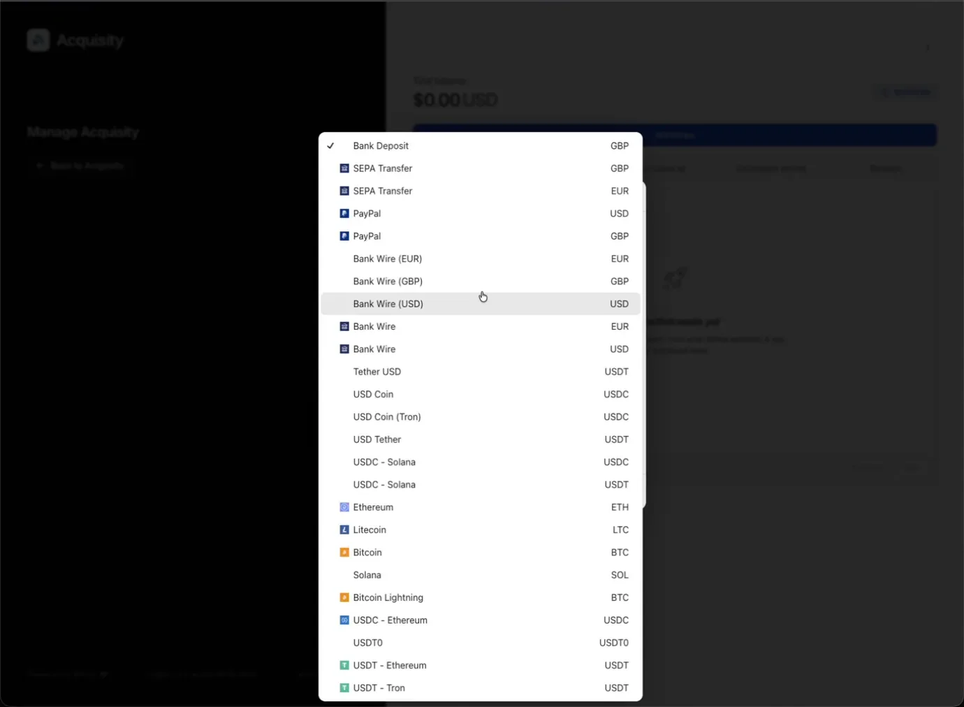 Payout destination options in Whop, including bank and PayPal