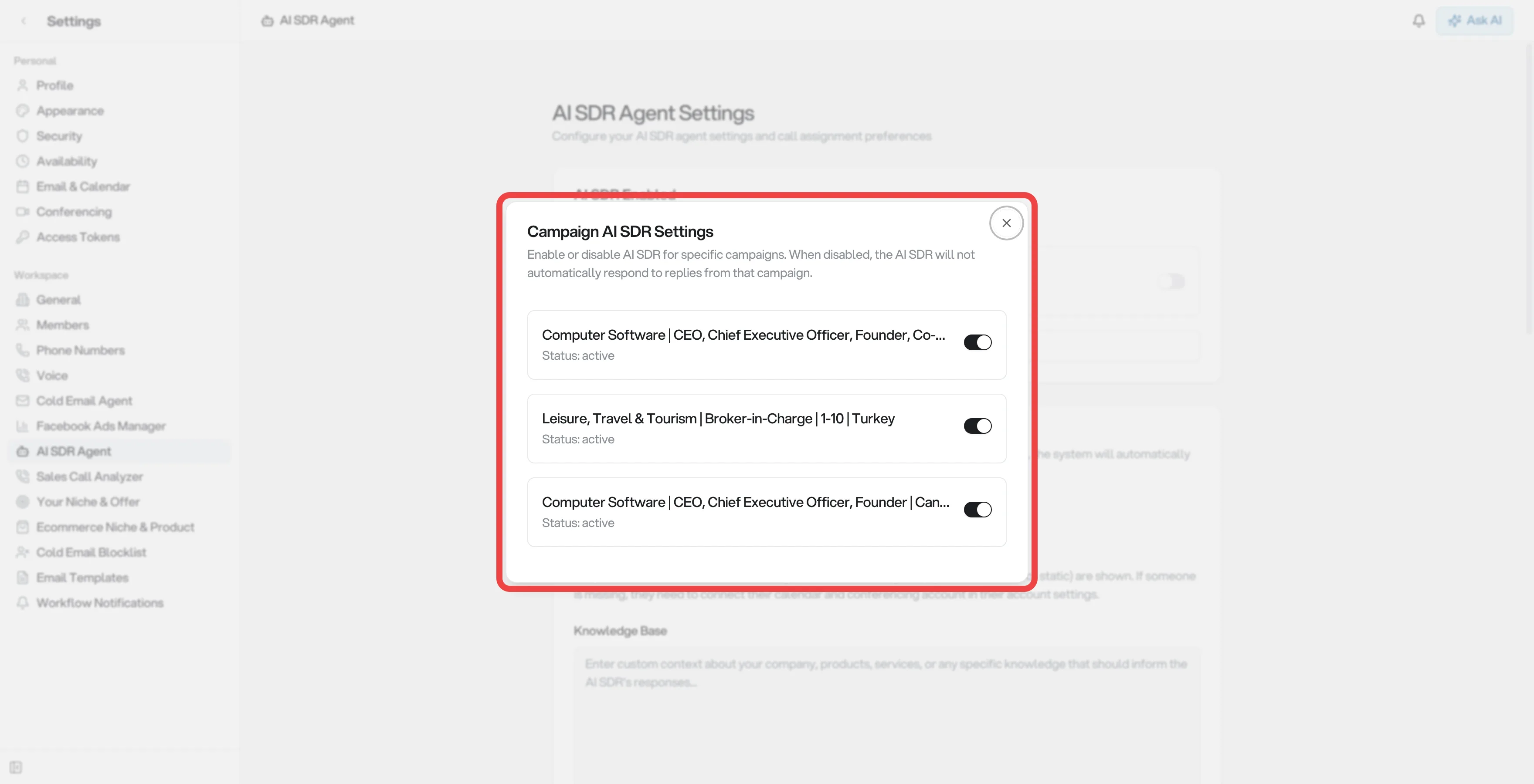 Campaign AI SDR Settings popup with per-campaign switches highlighted
