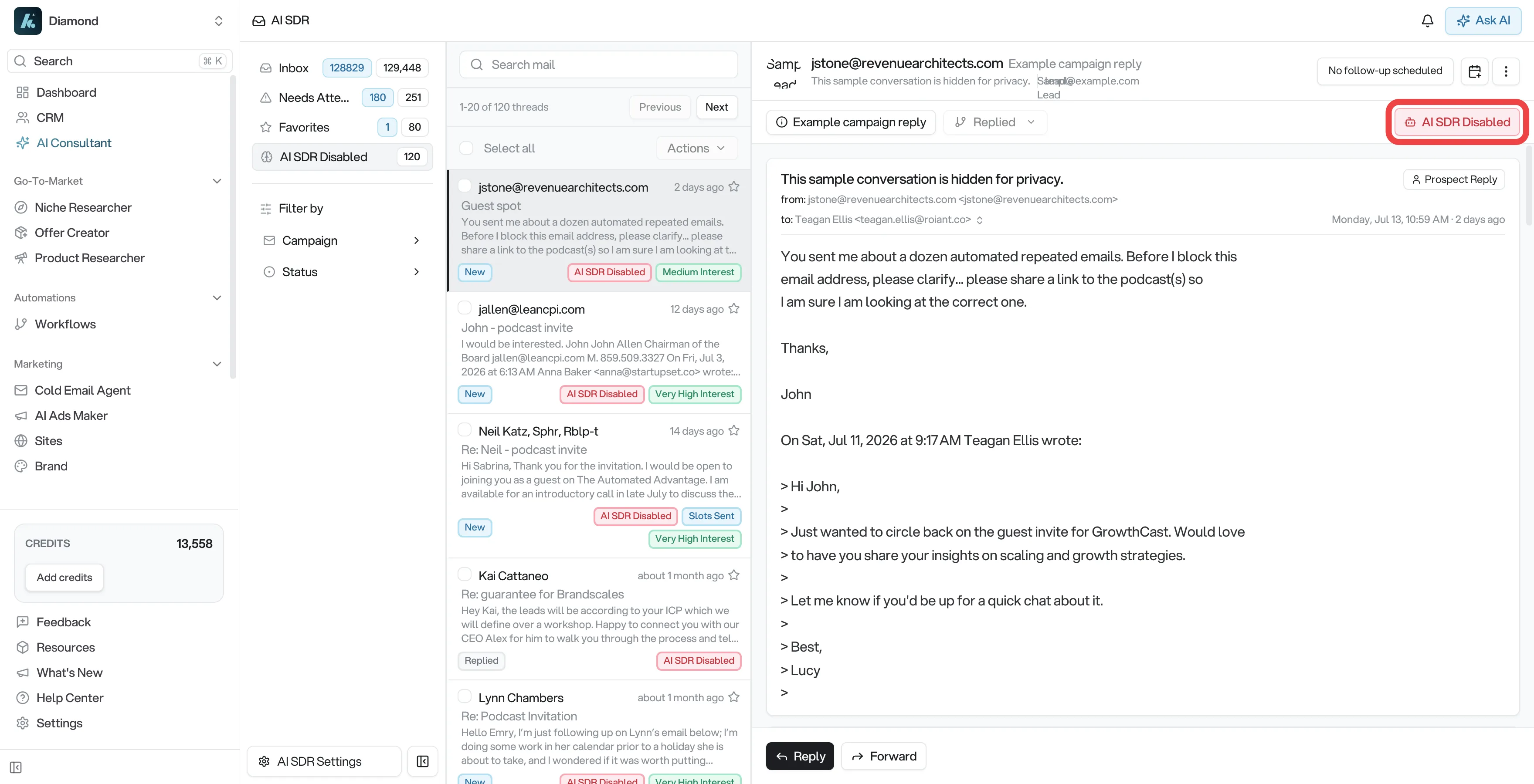 AI SDR Disabled button at the top of a thread