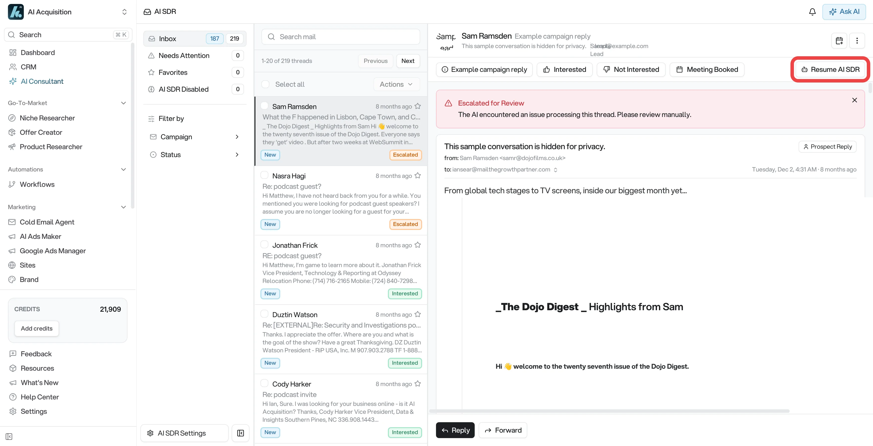 Resume AI SDR button at the top of an escalated thread
