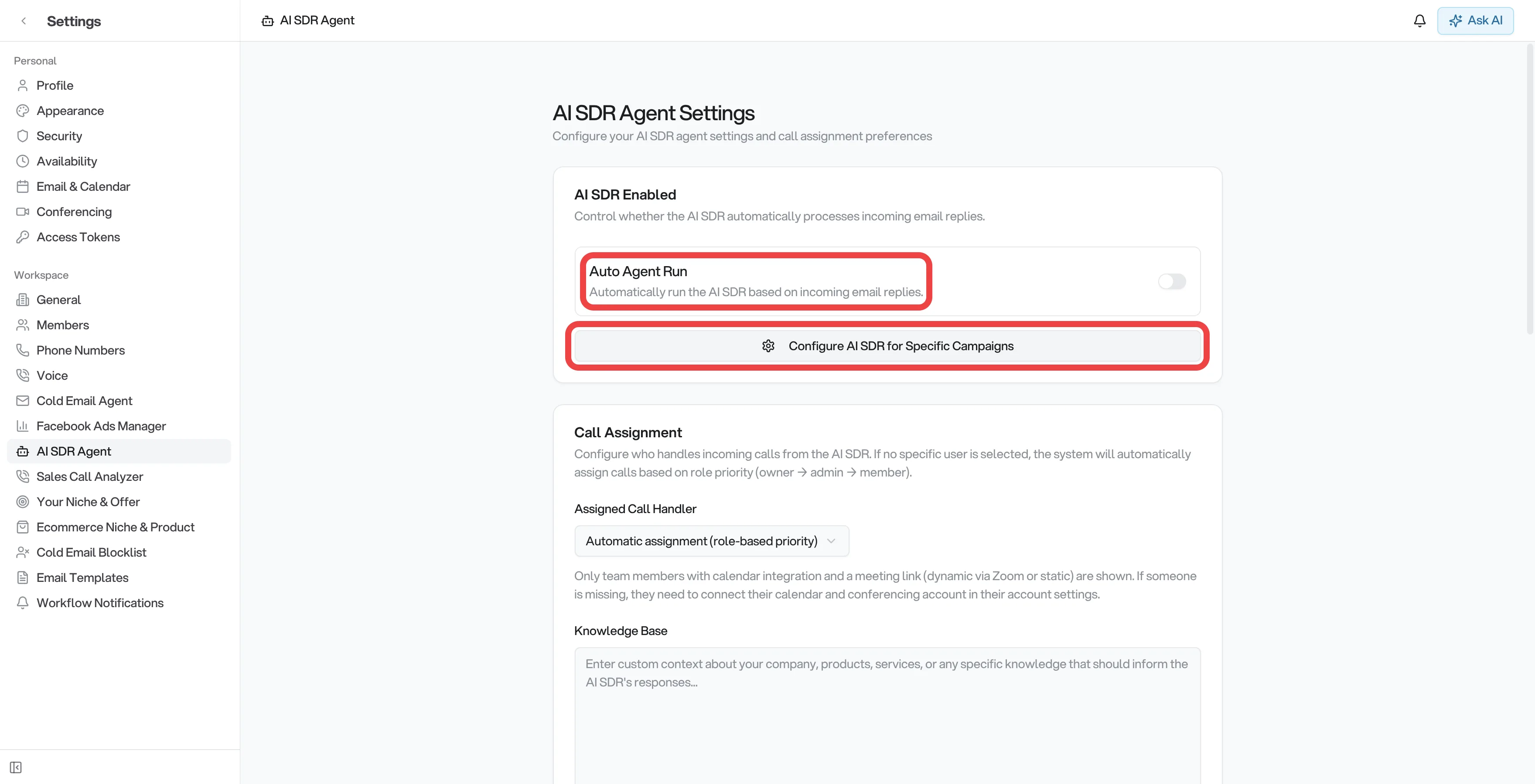 AI SDR Agent settings with Auto Agent Run and campaign configuration highlighted