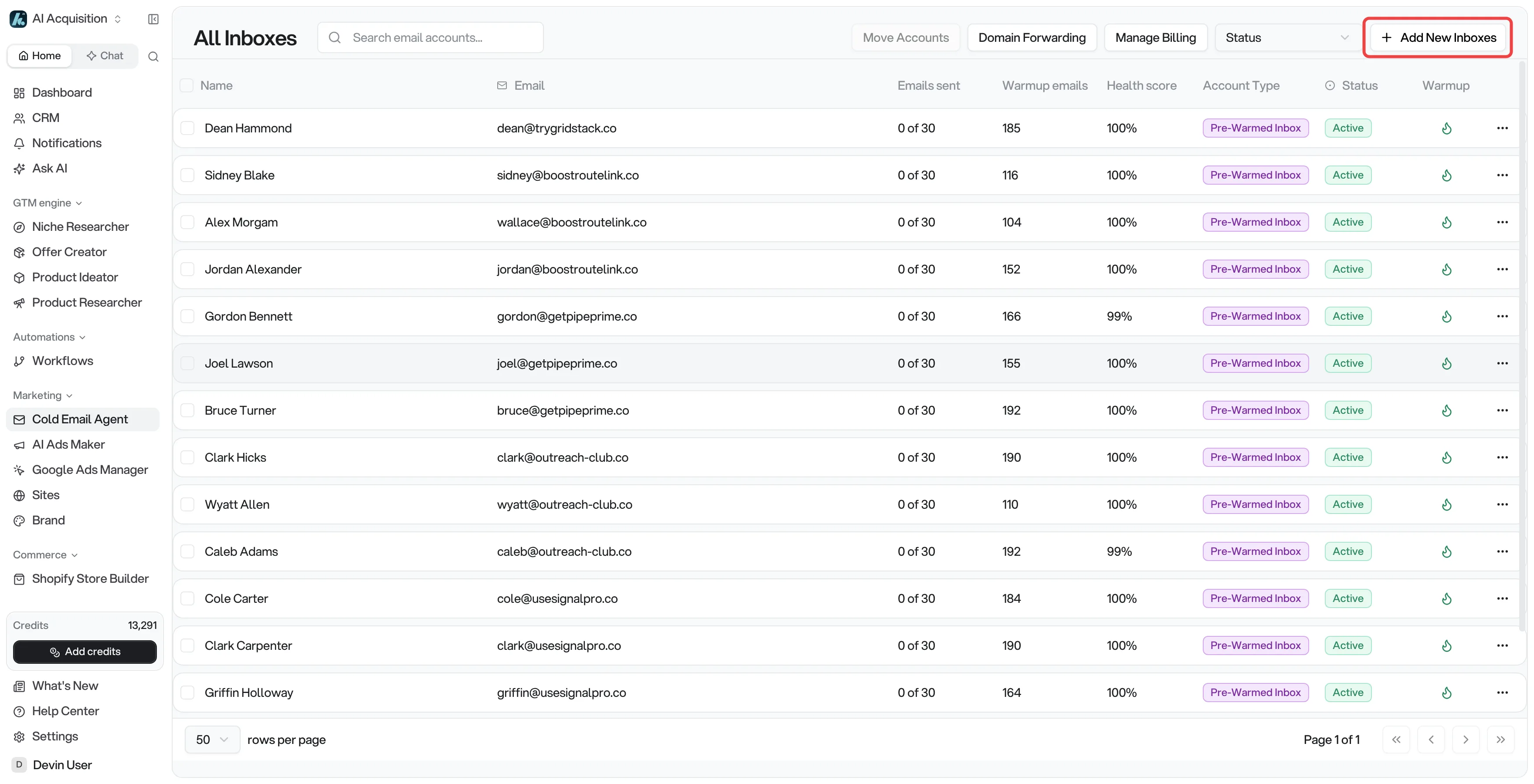 The Email Accounts page with the Add New Inboxes button highlighted in the top right