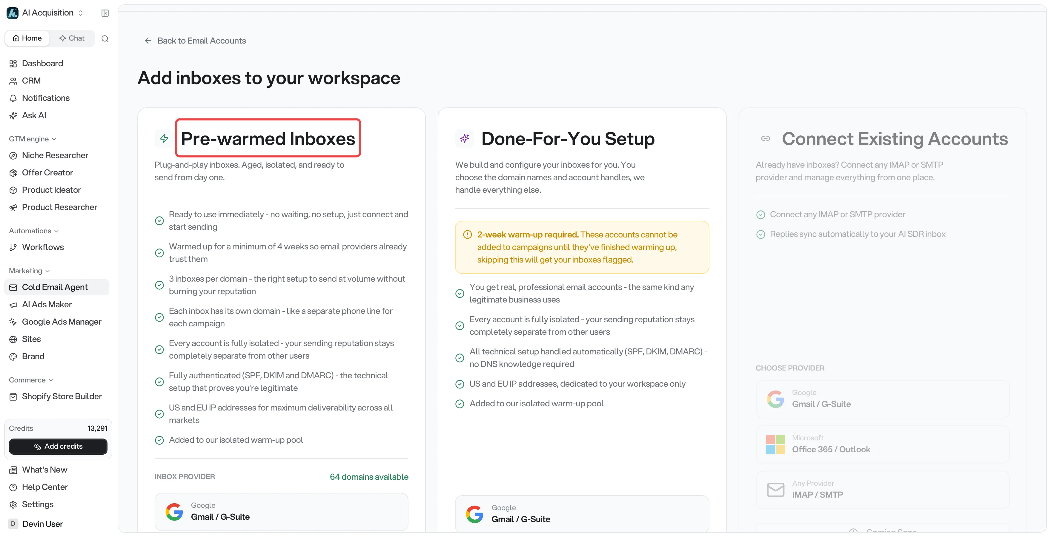 The Add inboxes to your workspace screen with the Pre-warmed Inboxes option highlighted