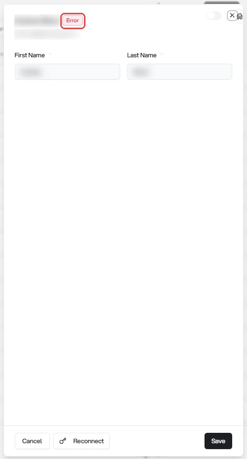 The inbox settings panel for an inbox in Error status, with the Error badge highlighted next to the inbox name