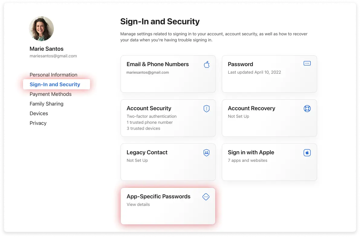 sign in and security apple app specific password
